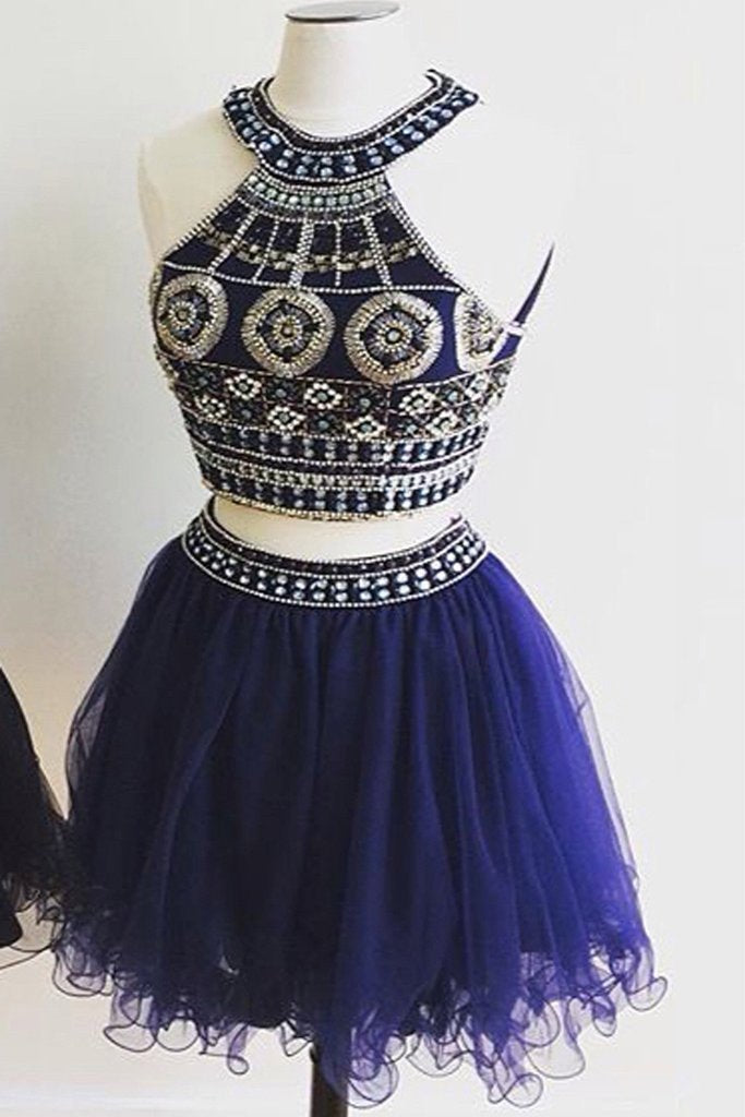 Cute Two Pieces Halter Royal Blue Tulle Beading Homecoming