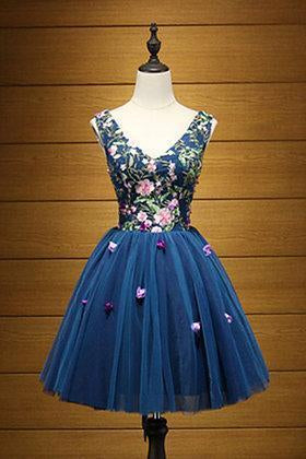 Cute A Line Navy Blue V Neck Short Prom Dresses Flower Lace up Homecoming Dresses
