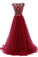 Elegant A Line Burgundy Beads Scoop Tulle Cap Sleeves Long Prom Dresses