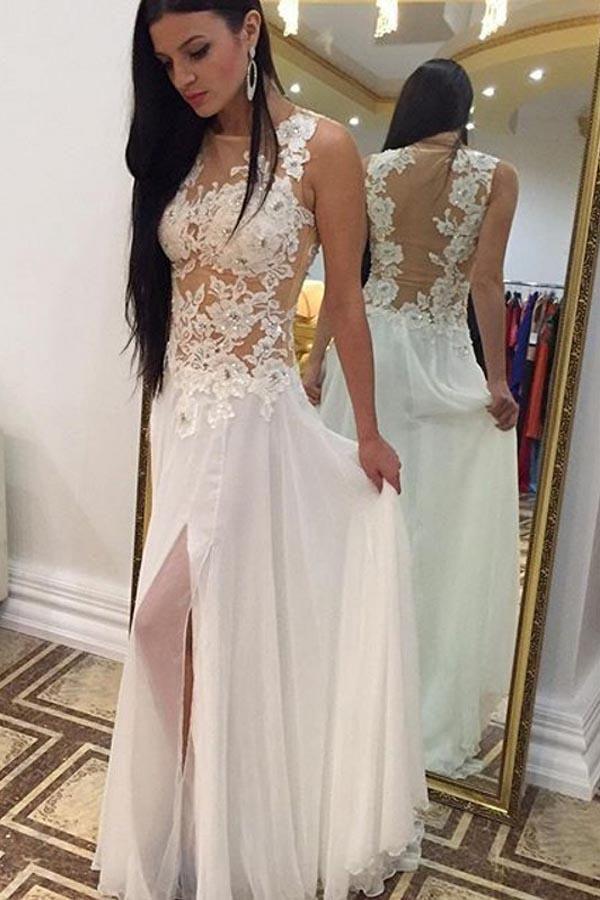 Floor-Length Chiffon Sleeveless Beaded Appliques Slit White Prom Dresses