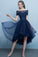 Dark Blue Lace Tulle Short Sleeve High Low Round Neck A-Line Short Prom Dresses