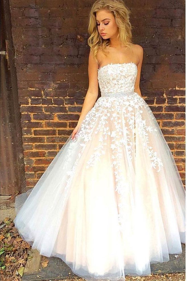 Gorgeous Strapless Sleeveless White Tulle Ball Gown Long Prom Dress Wedding Dresses