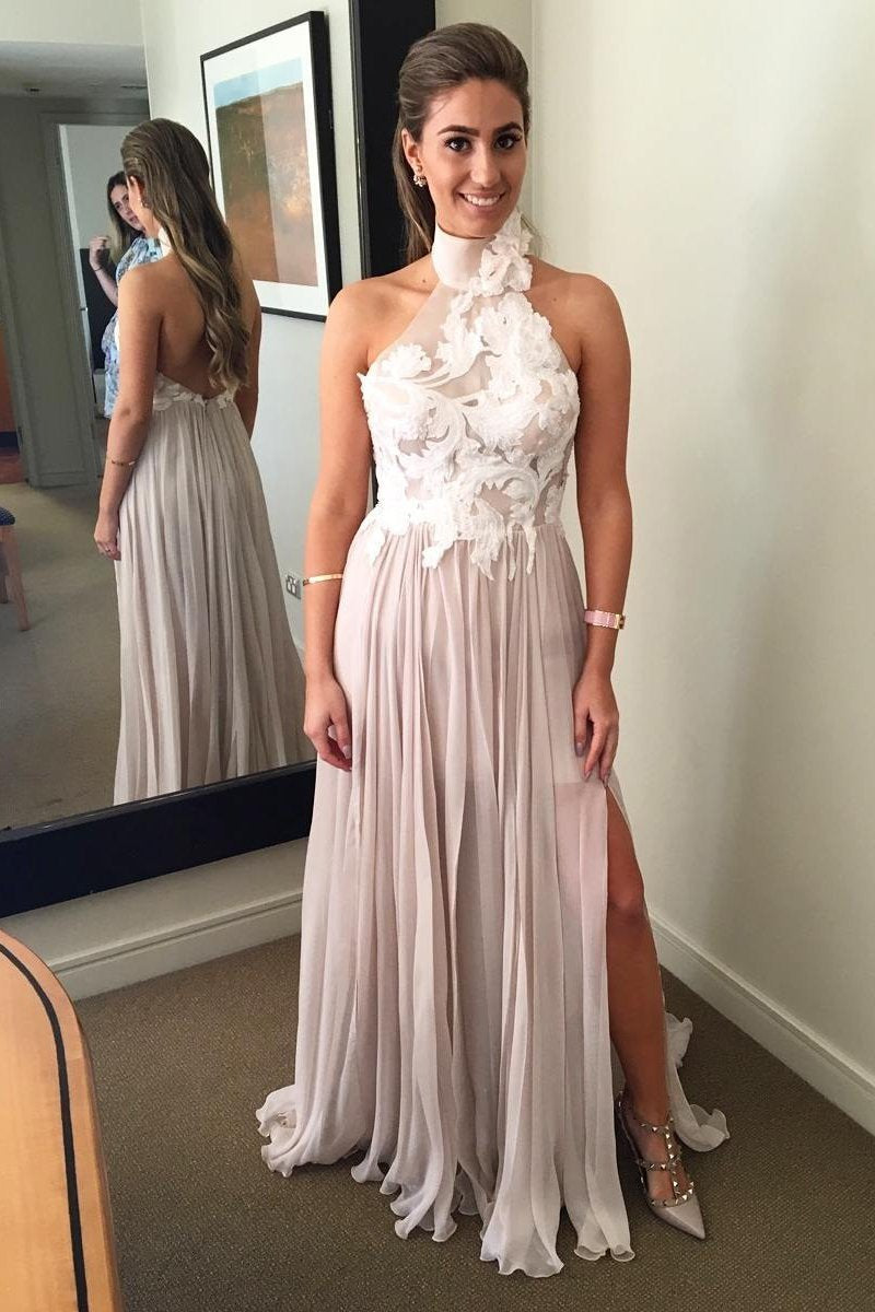 Elegant Halter Backless A-Line Chiffon Pink Appliques Bodice Split Sleeveless Prom Dresses