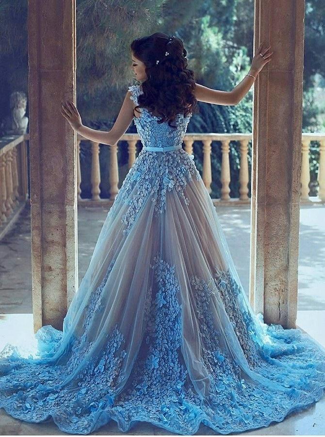 A-Line Square Chapel Train Sleeveless Blue Tulle Wedding Dress with Appliques Sash