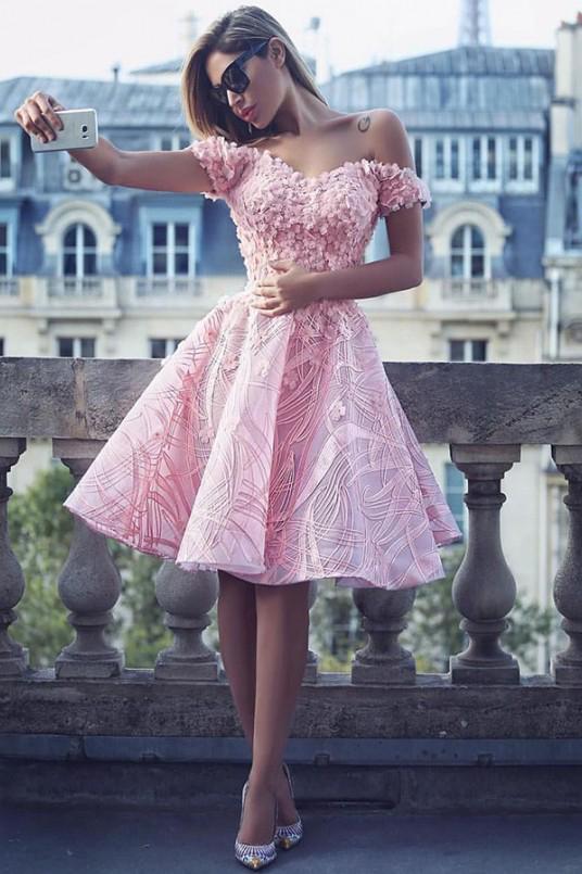 Cute A-Line Off the Shoulder Knee Length Pink Lace Homecoming Dress with Appliques