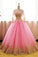 Ball Gown Long Sleeve Gold Rose Red Tulle Round Neck Lace up Prom Quinceanera Dresses